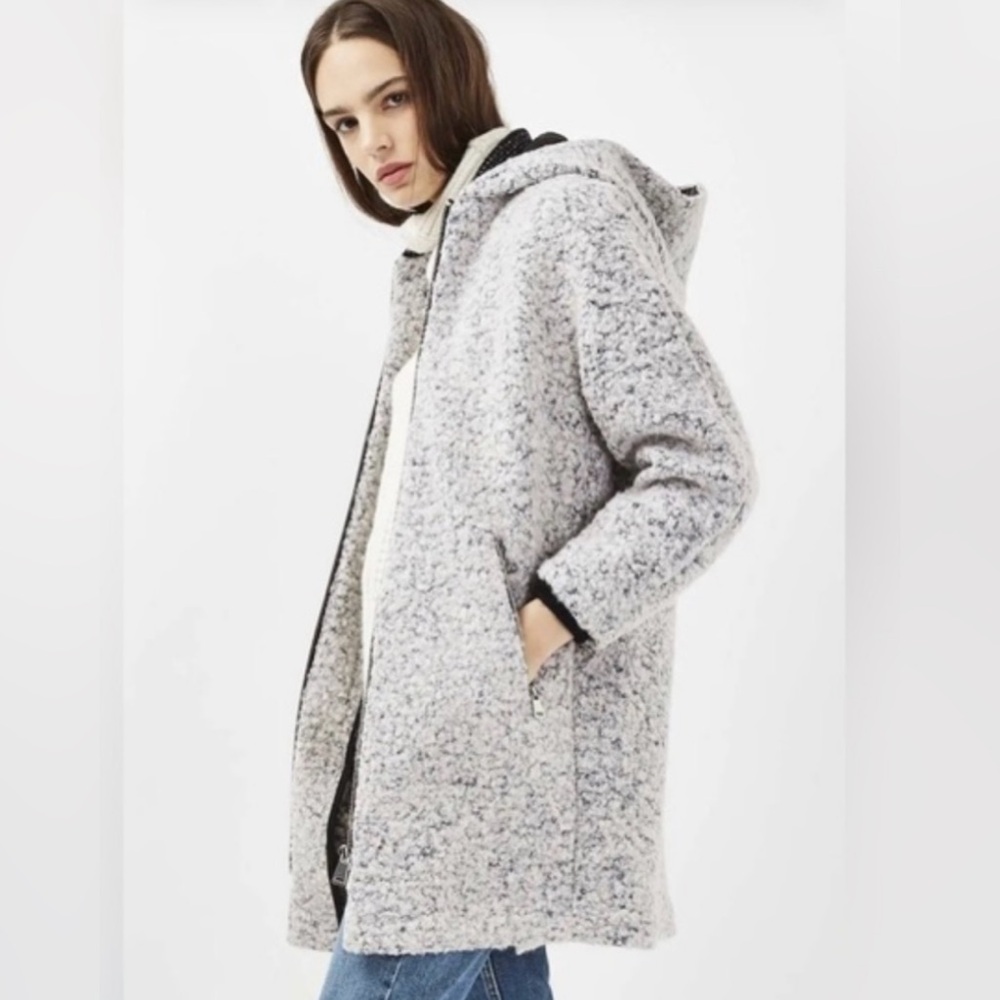 Topshop Abigail Gray Boucle Hooded Wool Blend Coat